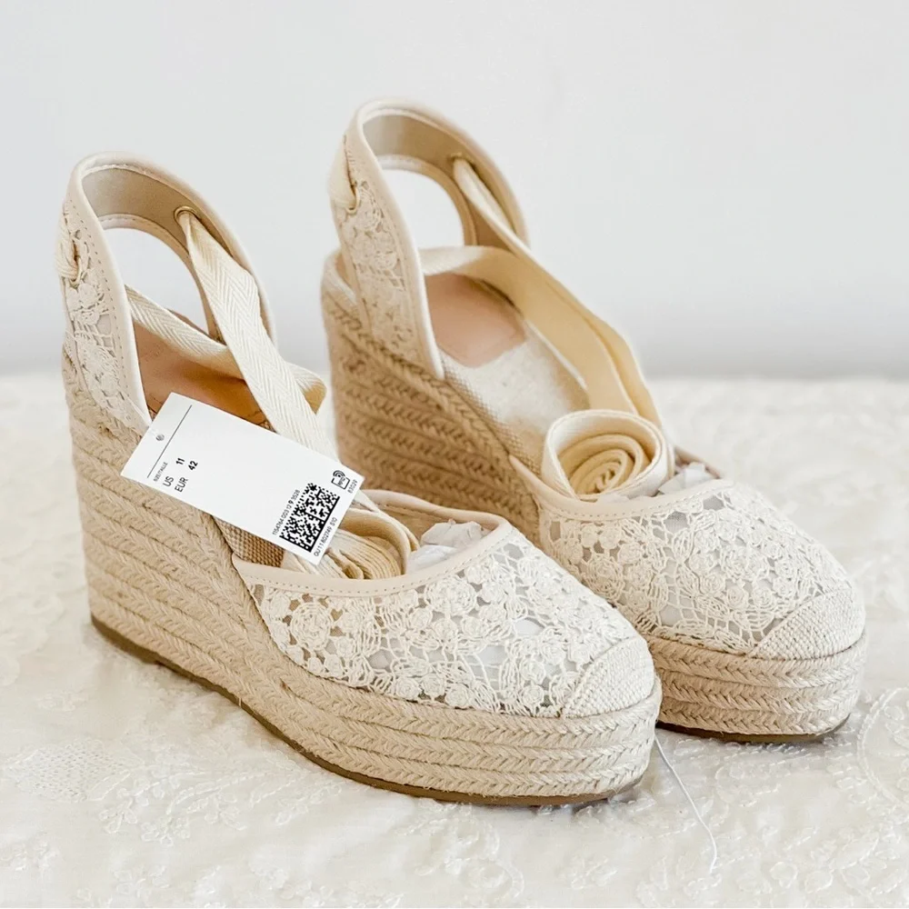 H&M Wedge Espadrille Sandals Ivory Lace Heels Size 11